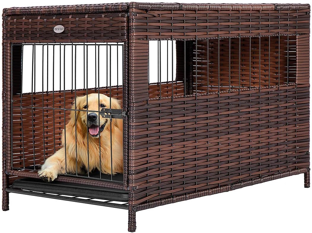 DEStar Heavy Duty PE Rattan Wicker Pet Dog Cage Crate Indoor Outdoor Puppy House Shelter with Removable Tray and UV Resistant Cover