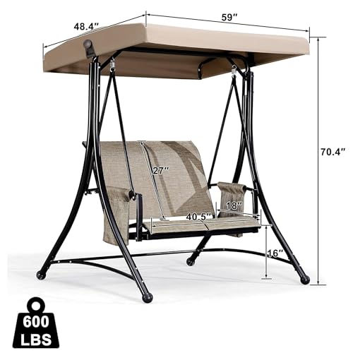 PURPLE LEAF 3-Seat Deluxe Outdoor Patio Porch Swing with Weather Resistant Steel Frame, Adjustable Tilt Canopy, Beige - Image 6