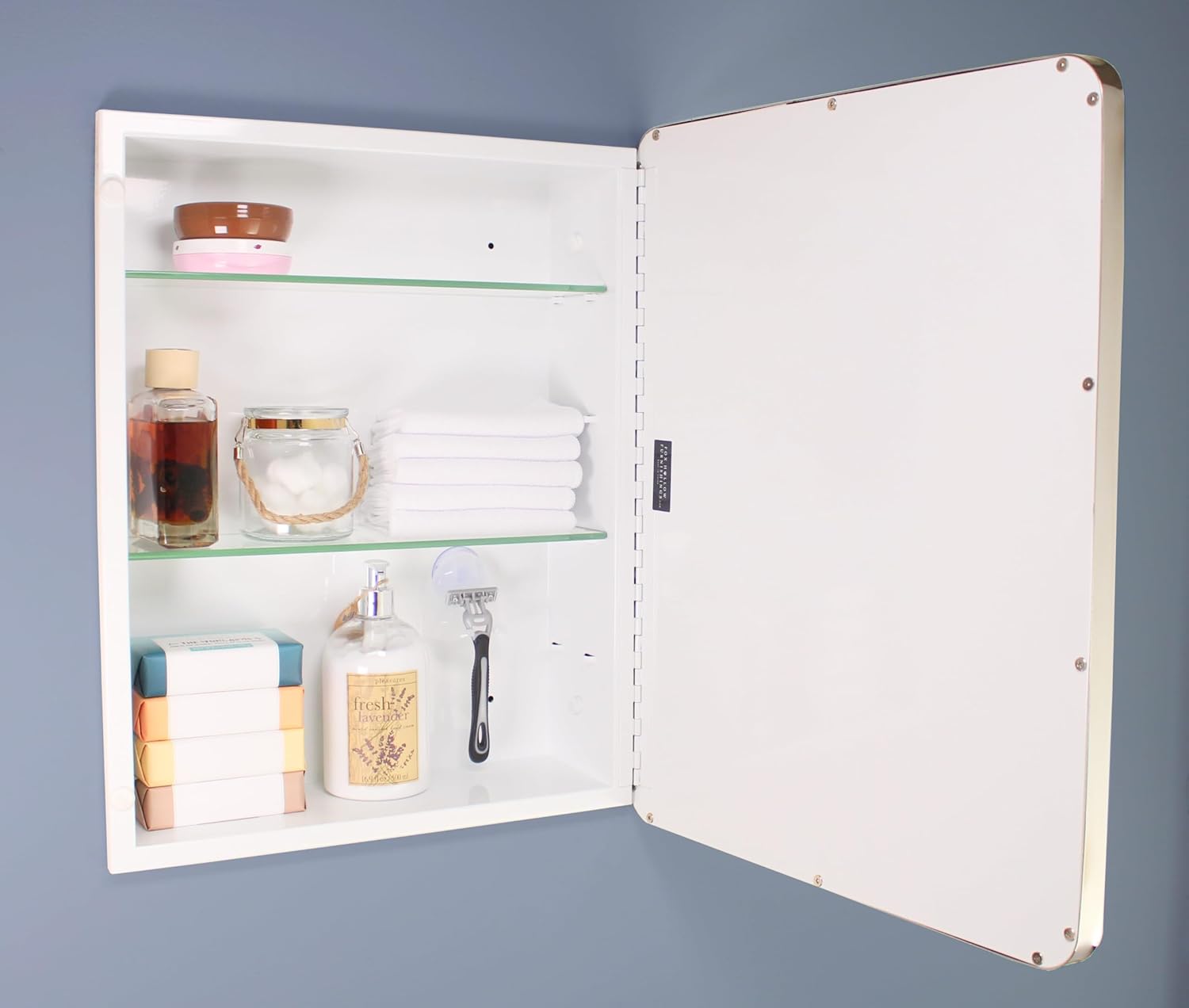 16×20 Austin Farmhouse Metal Framed Rounded Rectangle Recessed Bathroom Medicine Cabinet, Beveled Mirror, 14×18 in-Wall Opening, powder-coated Steel, Glass Shelves, Magnet Close, Brushed Nickel - Image 16